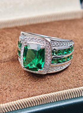 精工925纯银镀金绿宝石戒指