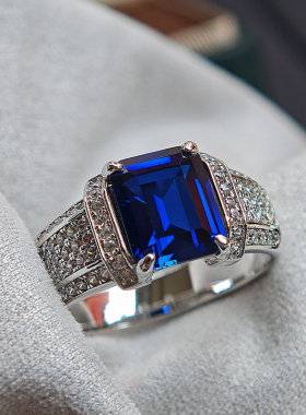 培育蓝宝石925纯银镀金戒指