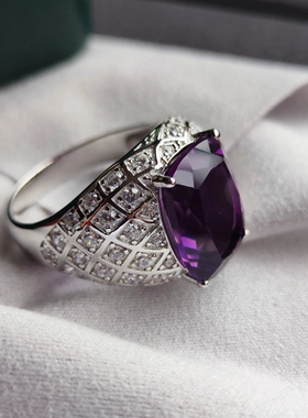 天然紫晶925银镶嵌戒指欧美重工豪华时尚彩宝粗肥手大码闭口指环