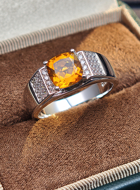 精工轻奢高级感天然黄水晶925纯银镀金男戒指时尚大气个性刻字