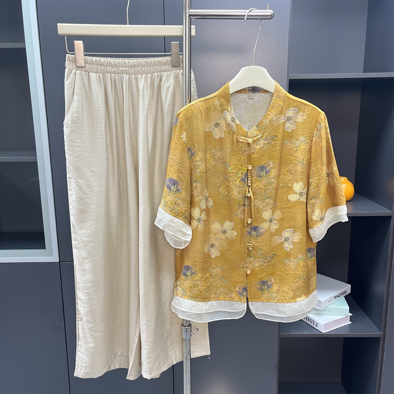 妈妈装夏套装短袖洋气2025新款女装气质上衣中老年人女两件套衣服