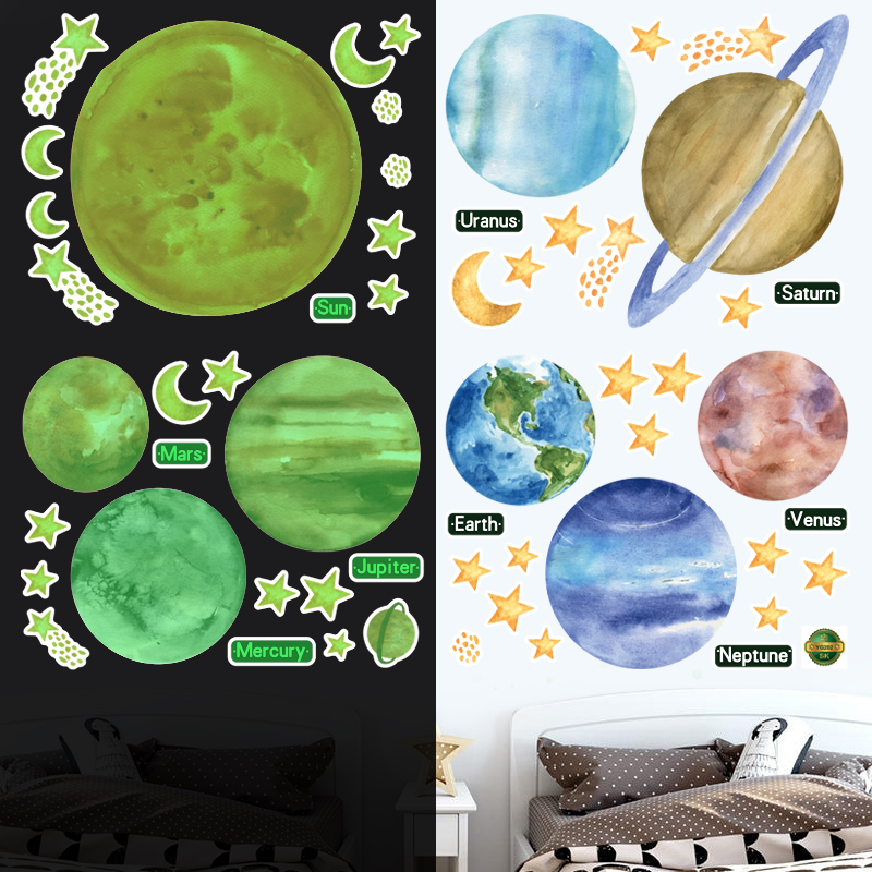 儿童天花板棚顶星球星空顶夜光发光荧光墙贴纸壁纸星星月亮装饰花