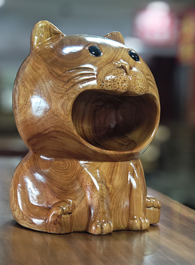 招财猫摆件纯实木钥匙收纳装饰品小猫咪办公室玄关客厅个性摆件