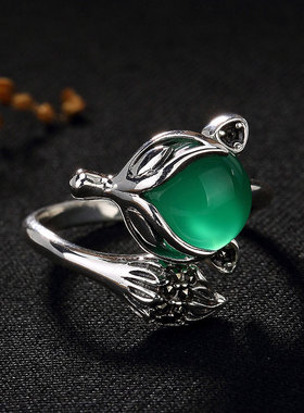 石榴石小狐狸纯银活口粉水晶戒指