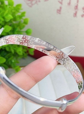 s999足银手镯女款贵妃泥鳅背光面推拉手环送婆婆长辈老人节日礼物