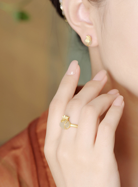 福袋戒指纯银镀金中国风天然玉石