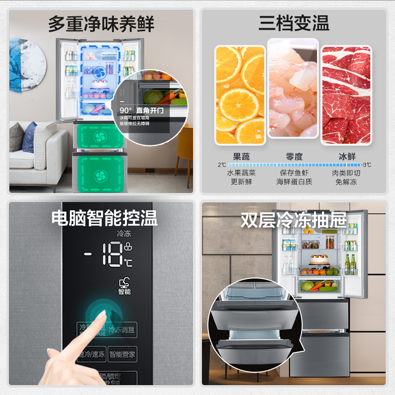 法式四开门多门除味风冷无霜变频家用冰箱 E 323WTPM BCD 美 法式四开门多门除味风冷无霜变频家用冰箱 E 323WTPM BCD 美