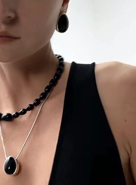 小众设计复古黑玛瑙水滴项链耳环女新款潮大号夸张黑色椭圆形耳钉