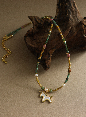 复古时尚天然石贝壳独角兽珍珠项链女款串珠轻奢小众感锁骨链