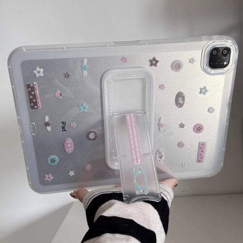ins韩风镭射草莓音符透明支架可调节适用苹果三星华为2025ipadpro保护套平板Air34678壳第十代小米Matepad女S - 图0