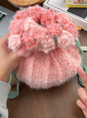 渐变玫瑰花包包毛线手工编织diy材料包水桶束口斜挎包送闺蜜女友