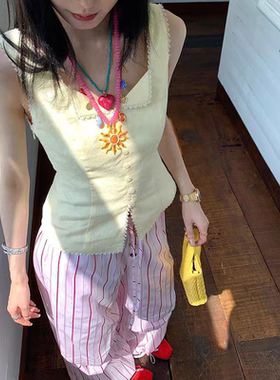 欧阳同款夏天海洋度假风彩色多巴胺多层叠戴爱心太阳人脸吊坠项链