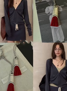 限定红色马鬃毛项链女流苏吊坠长款毛衣链小众设计高级感颈链配饰