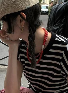 MONA同款红色串珠珍珠拼接项链