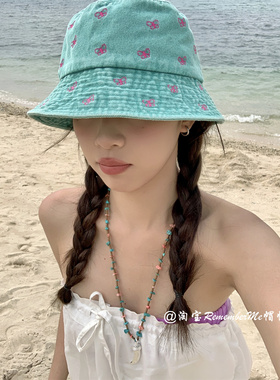 重工蝴蝶刺绣渔夫帽显白湖蓝色女