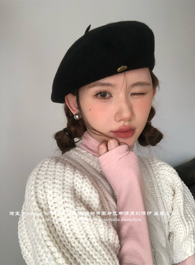 新年红色贝雷帽羊毛呢画家帽百搭