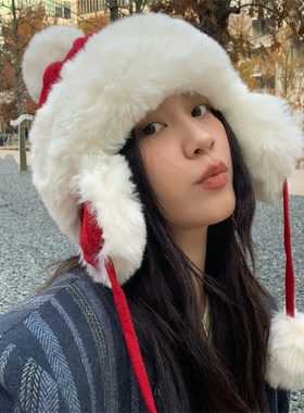 圣诞氛围感红色毛绒护耳雷锋帽女