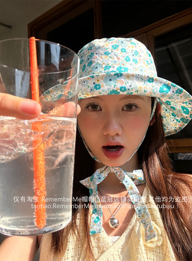 梦幻少女显白蓝色小花渔夫帽出游