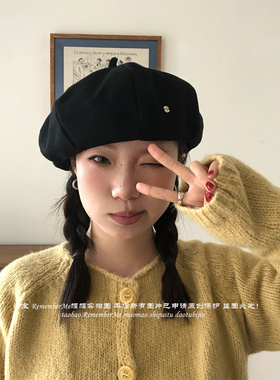 手工缝制B标黑色贝雷帽适合圆脸