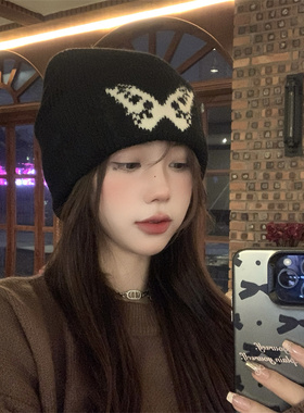蝴蝶黑色针织帽宽松有弹力大头围