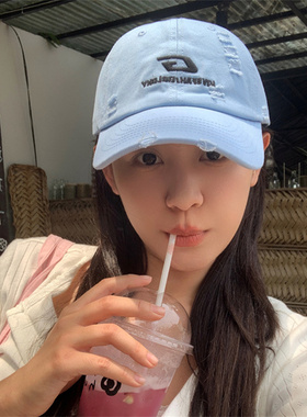 美式破洞甜酷鸭舌帽吸睛黄色帽子