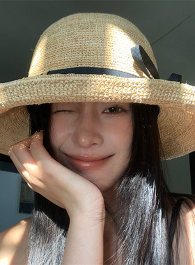 海边度假大帽檐蝴蝶结拉菲草帽女
