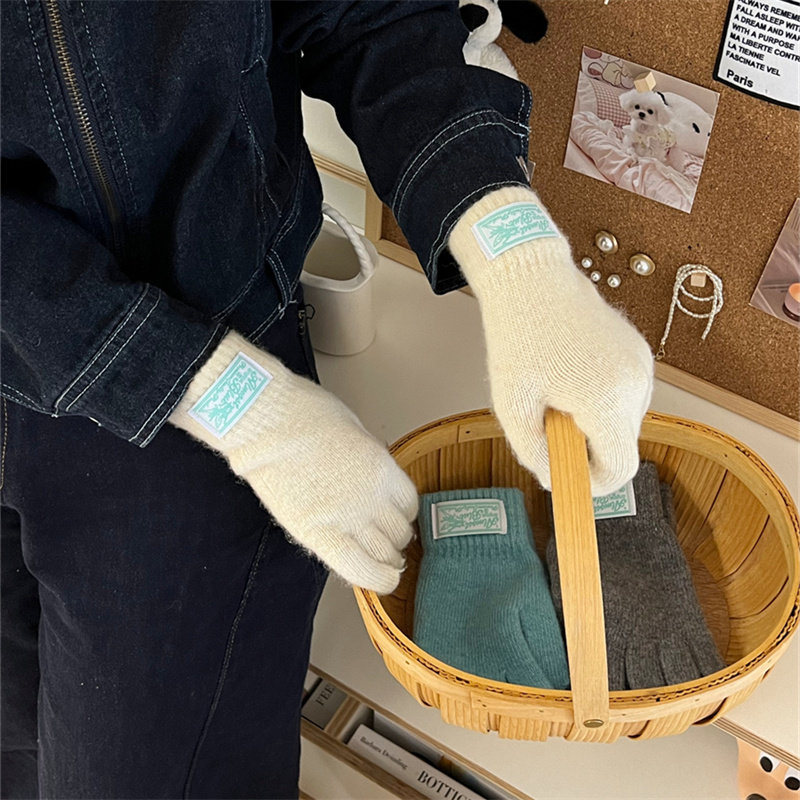 【颜色都好看】ins同款羊毛混纺手套女字母贴布五指防寒骑行手套