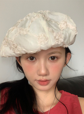 日系蕾丝网纱玫瑰花朵贝雷帽薄款