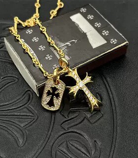 CH潮牌克罗伈22K金色十字架满钻小吊牌双吊坠项链泰银网红毛衣链