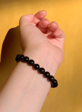 代杭州灵隐流通处黑曜石手串手链平安猫眼念珠金耀8mm单圈佛珠