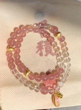 代香积流通处南红玛瑙双圈串水晶醒狮度母佛珠叠戴桃花白水晶手链