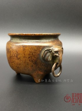 古玩铜器仿古象鼻双耳铜香炉包浆大象铜环宣德炉香薰炉合金小铜缸