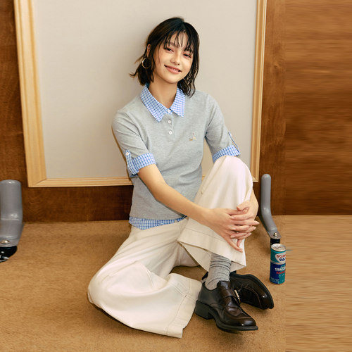 PSO Brand 男装女装假两件遛狗小人针织刺绣短袖POLO衫女短款上衣 - 图0