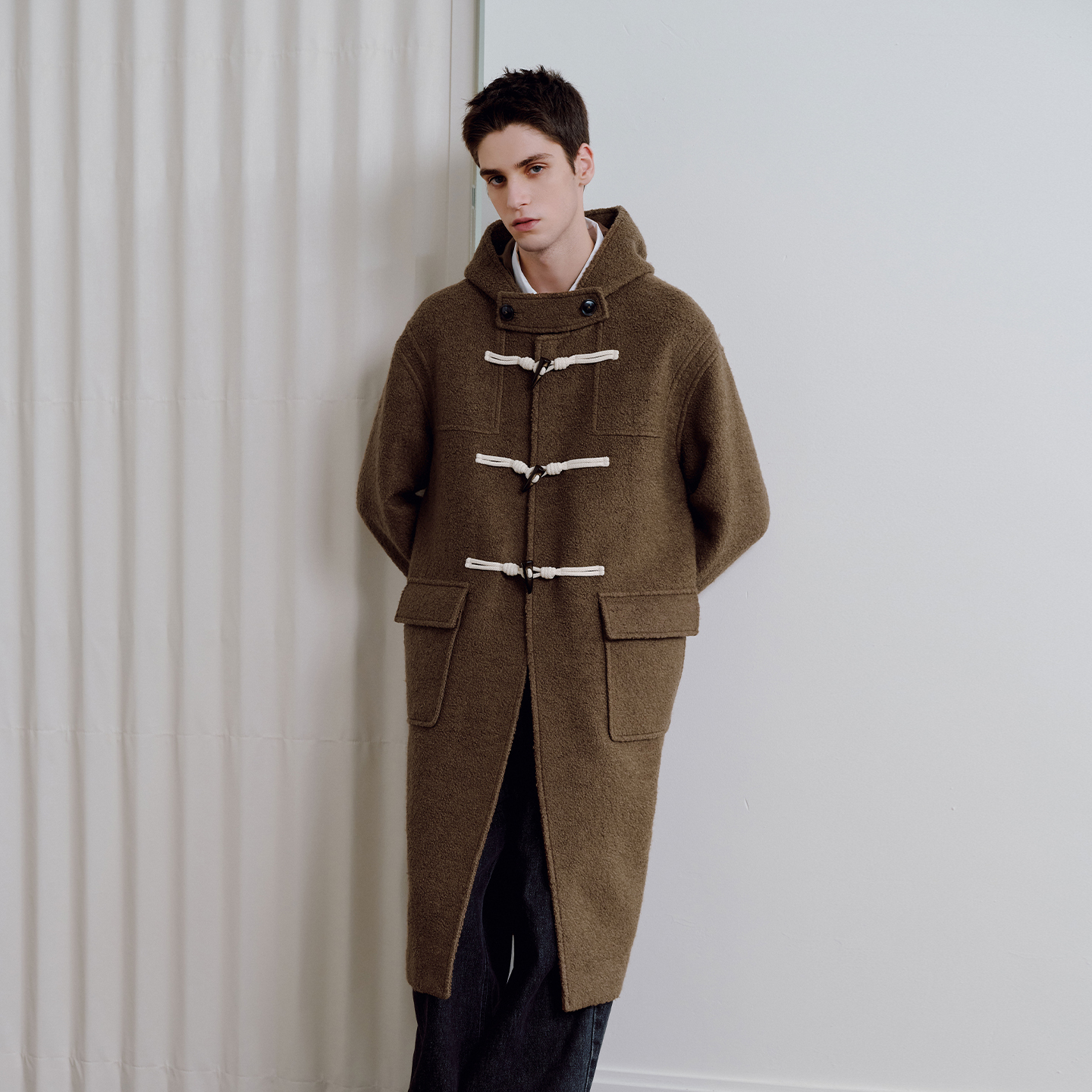 PSO Brand男装女装羊毛连帽中长款牛角扣大衣毛呢女款外套高级感 - 图0