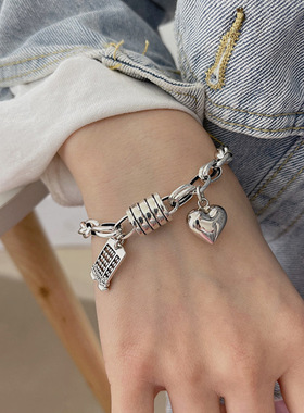 新款2025纯银复古圆筒爱心招财算盘吊坠手链个性百搭男女ins手饰