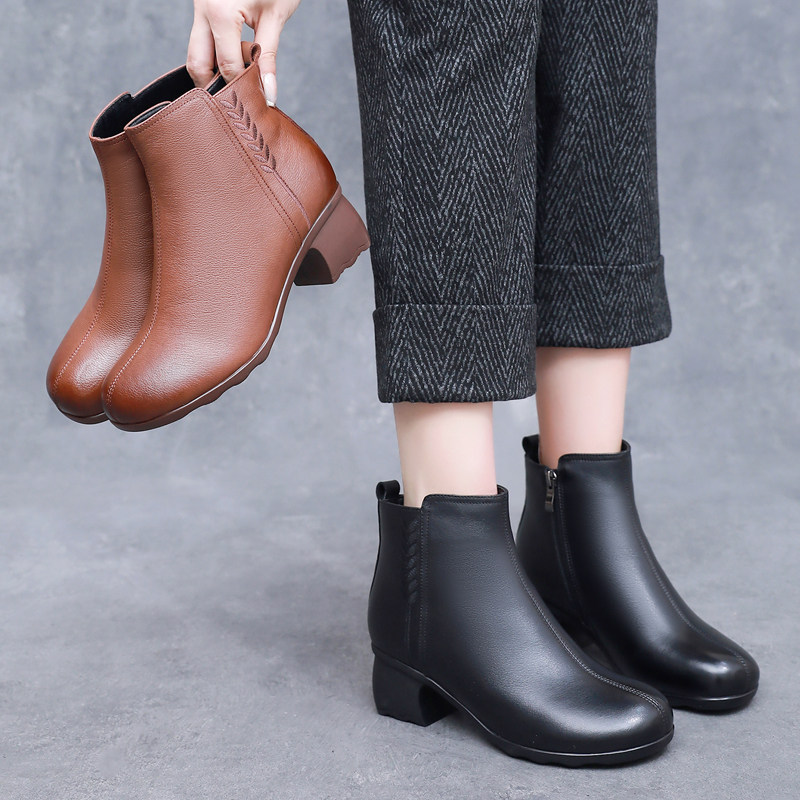 全牛皮粗跟短靴秋冬百搭软底妈妈鞋圆头棕色女靴中年真皮加绒棉鞋,淘宝优惠券,粉丝福利购,淘宝优惠卷