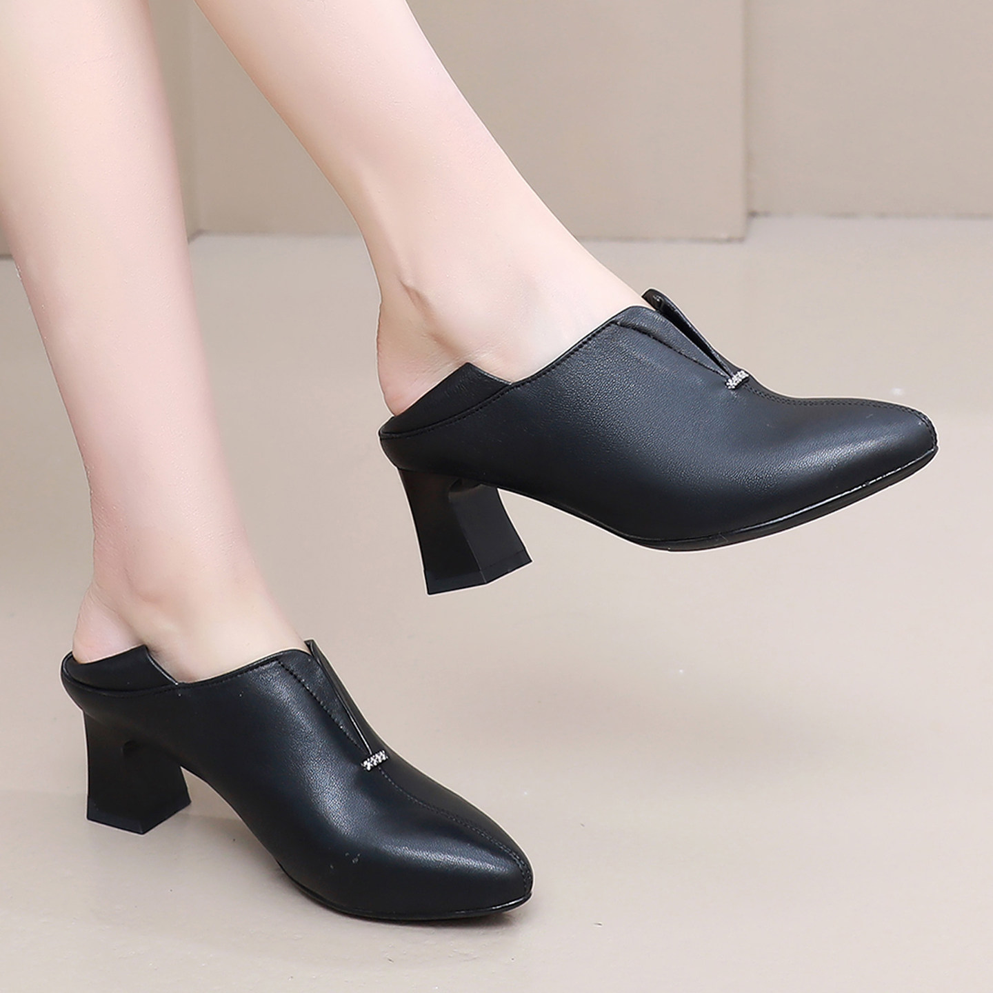 真皮粗跟单鞋春秋时尚尖头工作鞋小码3233女鞋两穿软底深口小皮鞋,淘宝优惠券,粉丝福利购,淘宝优惠卷