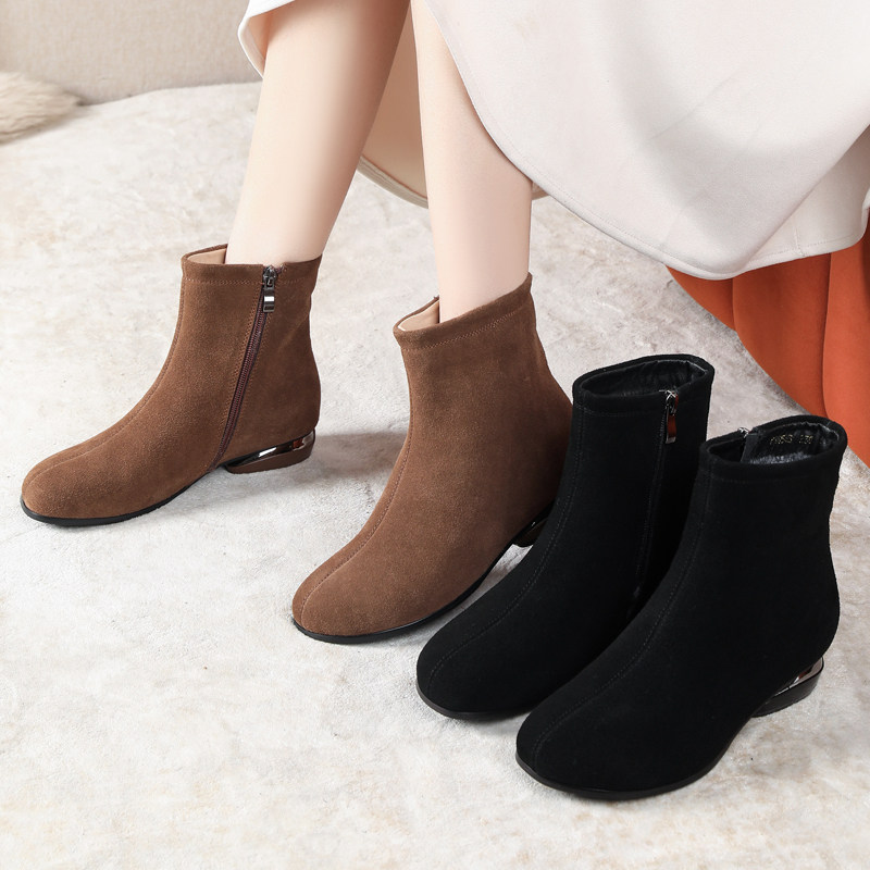 全真皮平底短靴秋冬软底妈妈鞋大码磨砂女靴中年圆头低跟加绒棉鞋,淘宝优惠券,粉丝福利购,淘宝优惠卷