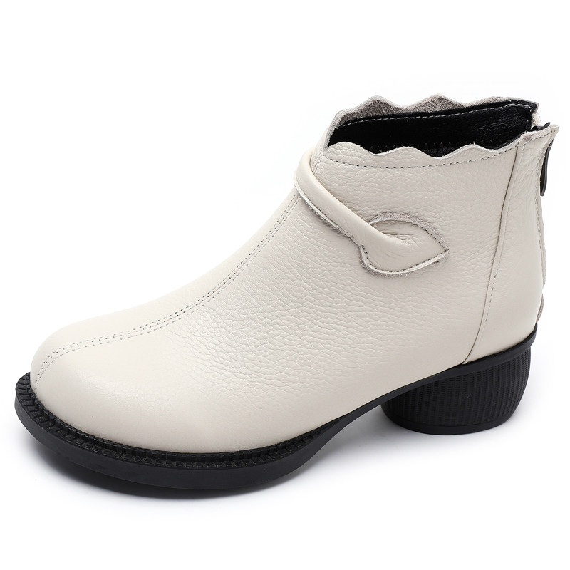 全真皮粗跟短靴秋冬百搭软底妈妈鞋大码女靴脚肥圆头米色加绒棉鞋,淘宝优惠券,粉丝福利购,淘宝优惠卷