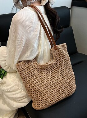 山姆进口春季新款包包女时尚休闲单肩包镂空慵懒风女包手提粗线编
