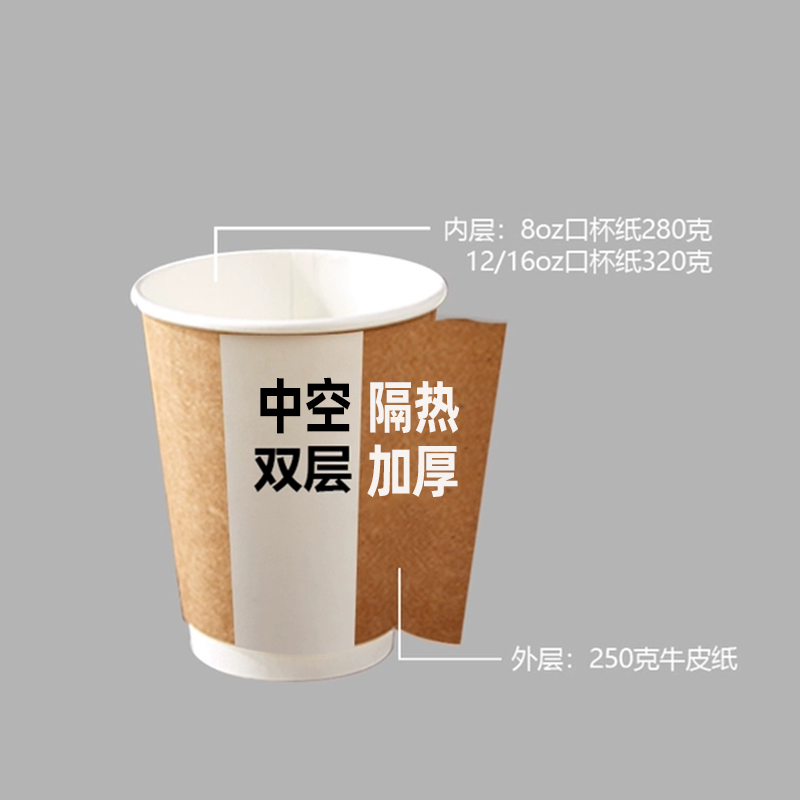 双层牛皮纸杯一次性杯子带盖奶茶咖啡杯外卖打包热饮杯500只-图0