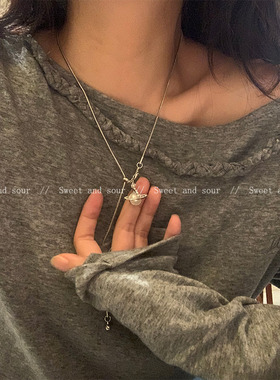 甜酷冷淡风爱心珍珠项链女小众设计高级感抽拉调节秋冬毛衣锁骨链