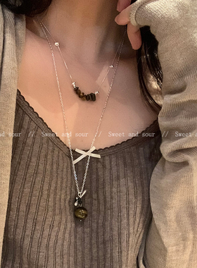 秋冬美拉德虎眼石吊坠项链小众设计感高级轻奢简约气质毛衣链颈链