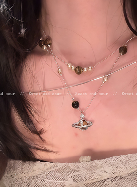 星球虎眼石吊坠珍珠项链双层叠戴设计感复古毛衣链秋冬新款锁骨链