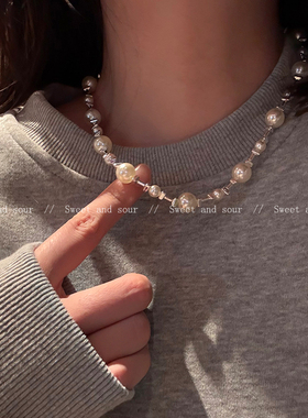 韩版甜酷珍珠虎眼项链秋冬复古小众设计感轻奢卫衣毛衣链2025颈链