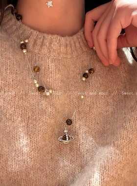 秋冬复古虎眼星球项链女轻奢小众设计感双层叠戴毛衣链百搭锁骨链