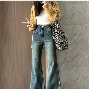 韩都衣舍春秋新款复古微喇高腰显瘦阔腿毛边拖地牛仔裤女