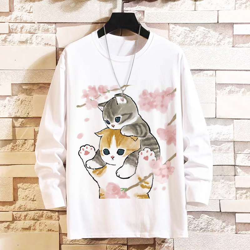 卡通鲨鱼猫长袖T恤衣服薄款mofusand周边秋季新款猫咪男女打底衫 - 图1