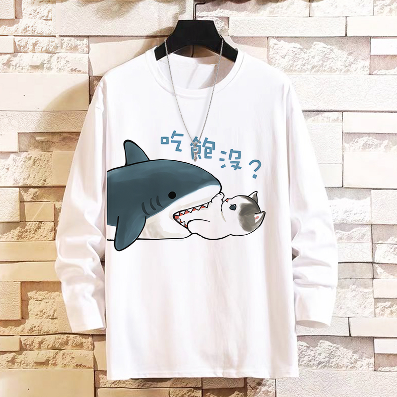 卡通鲨鱼猫长袖T恤衣服薄款mofusand周边秋季新款猫咪男女打底衫 - 图3