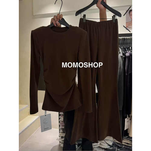 2025冬季新款气质褶皱开叉磨毛长袖T恤高腰阔腿微喇裤两件套装潮 - 图0